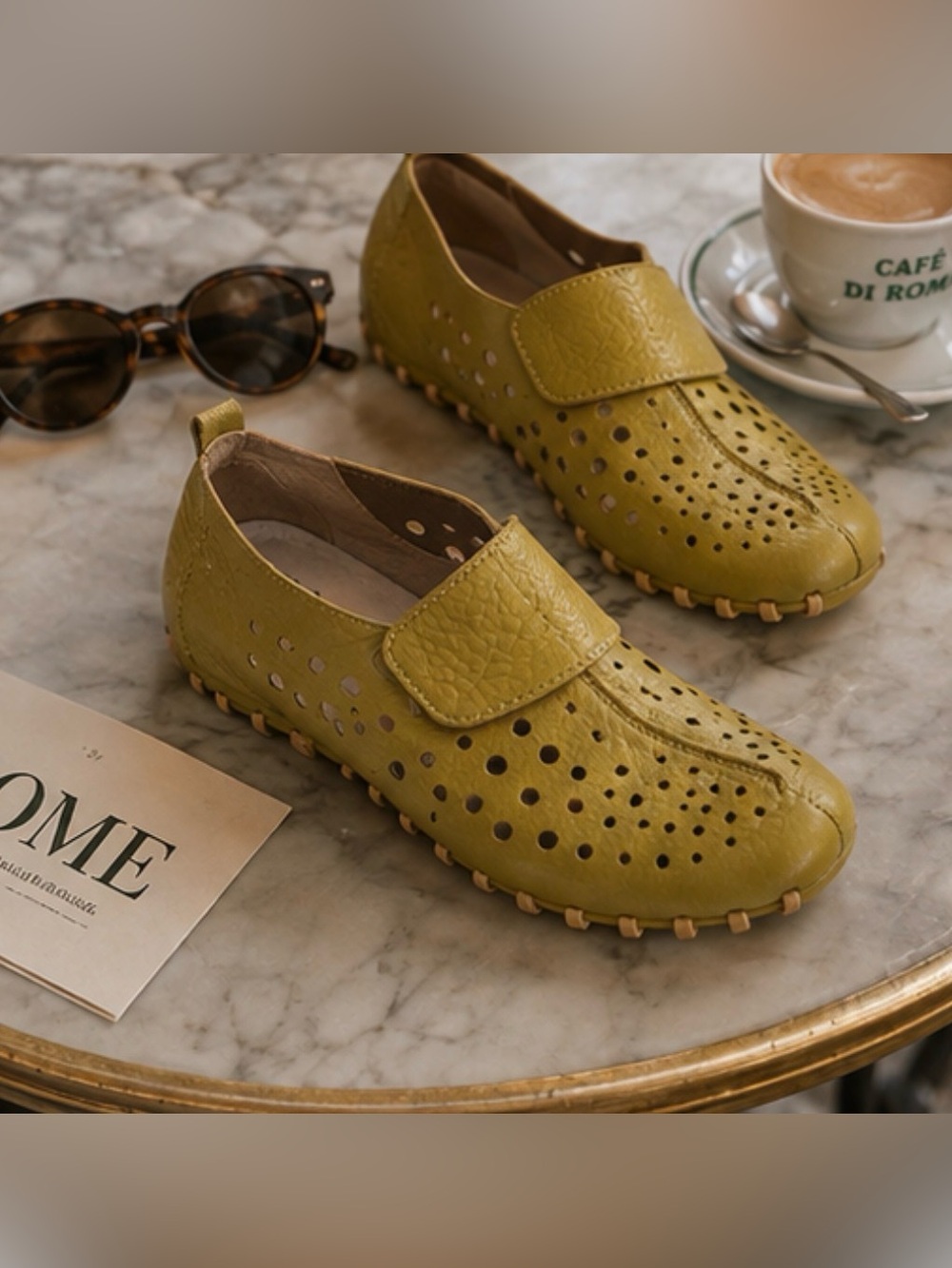 Italian-inspired Green Leather Perforated Mary Jane Flats - Size 38 (8)